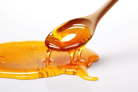 Honey dripping from a spoon on a white background. Puddle of honey. Generated by artificial intelligence