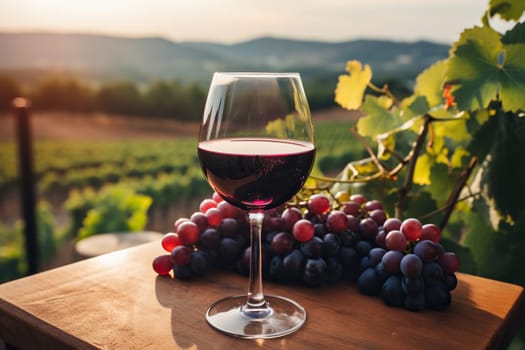 A glass of red wine on a wooden table against a backdrop of a panoramic view of lush vineyards at sunset. Tastings, celebrations and winemaking concept. Generated by artificial intelligence