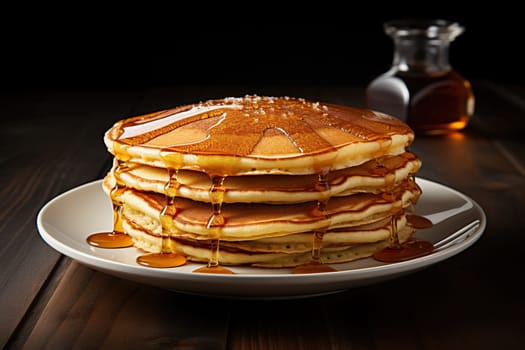 A stack of pancakes with maple syrup on a wooden tabletop. Desserts, breakfasts. Generated by artificial intelligence