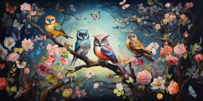 An enchanting illustration capturing the diversity of nature, featuring majestic owls perched on a vibrant tree adorned with delicate flowers and fluttering butterflies.