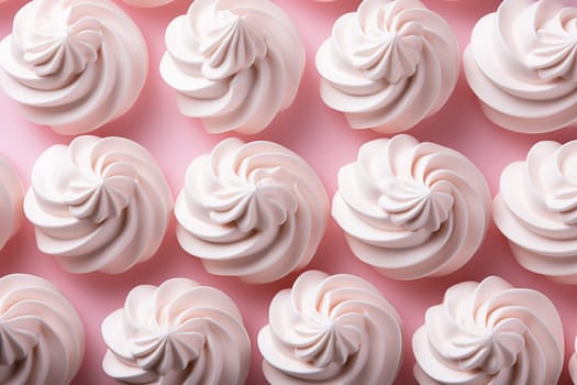 A lot of meringue on a pink background close-up. View from above. Elegant meringue curls. Generated by artificial intelligence
