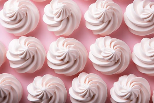 A lot of meringue on a pink background close-up. View from above. Elegant meringue curls. Generated by artificial intelligence