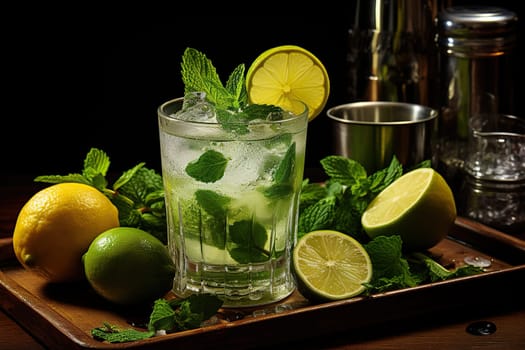 Making a refreshing mojito cocktail. Mint, lime, ice on dark wooden background. Copy space. Generated by artificial intelligence