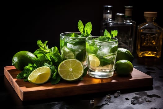 Making a refreshing mojito cocktail. Mint, lime, ice on dark wooden background. Copy space. Generated by artificial intelligence