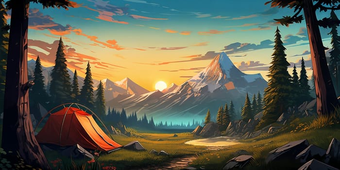 A picturesque scene of a hiking tent nestled in the mountains, with a stunning sunset casting warm hues over the trail landscape. Panorama