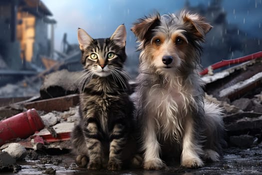 Alone and hungry pets after disaster on the background of house rubble. Neural network generated image. Not based on any actual scene.