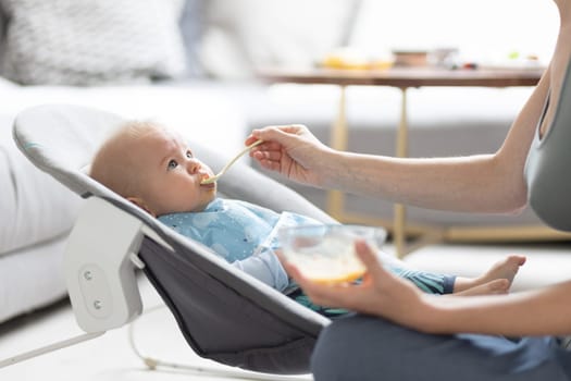 Mother spoon feeding her baby boy child in baby chair with fruit puree. Baby solid food introduction concept