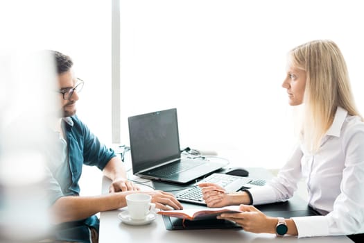 Business meeting. Client consulting. Confident business woman, real estate agent, financial advisor explaining details of project or financial product to client in office