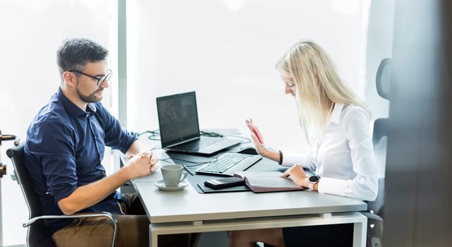 Business meeting. Client consulting. Confident business woman, real estate agent, financial advisor explaining details of project or financial product to client in office