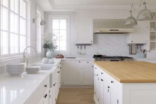 Wooden countertop, empty surface to place your goods, with a blurred kitchen background in the background. Stylish, bright kitchen in traditional style. 3D rendering