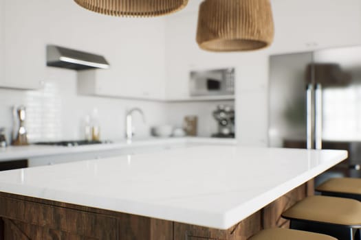 Focus on the marble countertop against the backdrop of kitchen appliances and utensils. Stylish traditional kitchen with wooden fixtures. 3D rendering