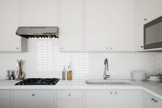 White kitchen with kitchen appliances and utensils. Stylish kitchen in traditional style. 3D rendering