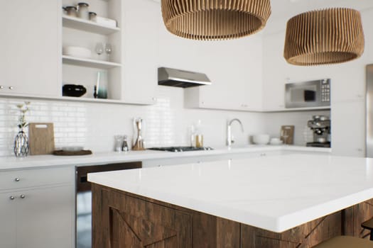 Focus on the marble countertop against the backdrop of kitchen appliances and utensils. Stylish traditional kitchen with wooden fixtures. 3D rendering