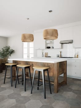 White kitchen with wood island and patterned wood fixtures with kitchen appliances and utensils. Stylish kitchen in traditional style. 3D rendering