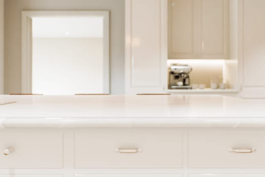 Kitchen white countertop with white marble, with blurred bokeh background. Presentation of goods in the kitchen interior on the countertop surface. 3D rendering