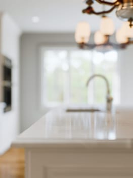 Kitchen white countertop with white marble, with blurred bokeh background. Presentation of goods in the kitchen interior on the countertop surface. 3D rendering