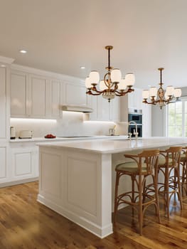 Traditional white kitchen with long island and wooden chairs with varnished wood flooring. Classic kitchen with large chandeliers and kitchen appliances. 3d rendering