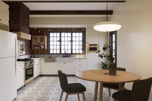 White kitchen with dark red brick, wood, large window and kitchen utensils. L-shaped kitchen with beams and dining table. 3d rendering