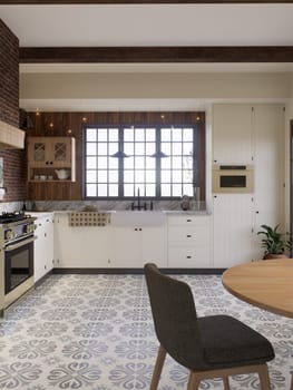 White kitchen with dark red brick, wood, large window and kitchen utensils. L-shaped kitchen with beams and dining table. 3d rendering