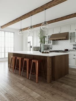 Traditional large L-shaped kitchen with large island and kitchen appliances. Kitchen interior with white cabinets and wooden island. 3D rendering