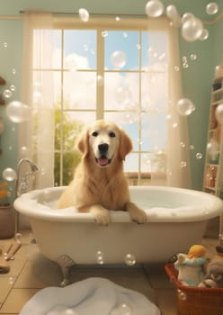 Bathing dog purebred fun animal white friend happy breed water wet bathroom healthy shampoo domestic home canine clean cute fluffy funny pet adorable