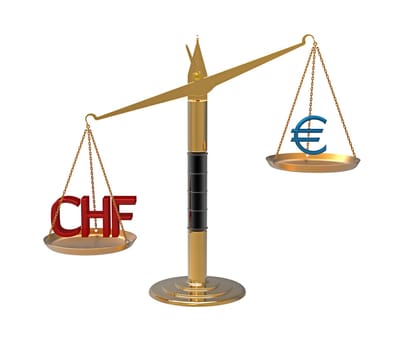 Relation Euro to Swiss franc illustrated with scales 3d render