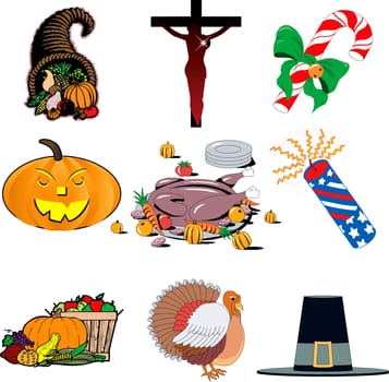 Vector illustration of 9 holiday icons. Holiday icon set 1
