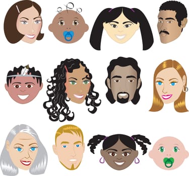 People Faces 3. Vector Illustration set of 12 different faces of all sexes, races and ages. Also available in other sets.