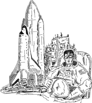 vector - spaceman with space shuttle , hand draw