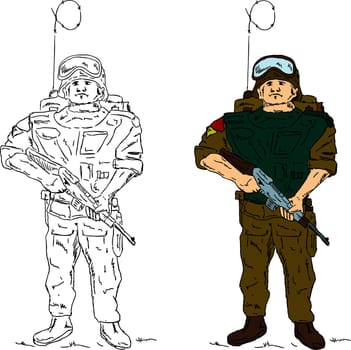 vector - a soldier holding gun , hand draw, isolated on background
