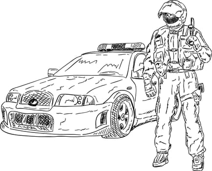 vector - the police man with car isolated on background