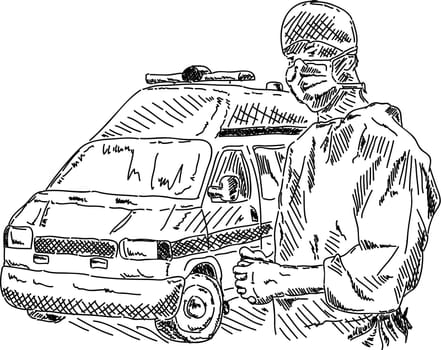 vector - doctor with ambulance car, hand drawing