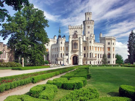 Czech Republic - white castle Hluboka nad Vltavou and green park
