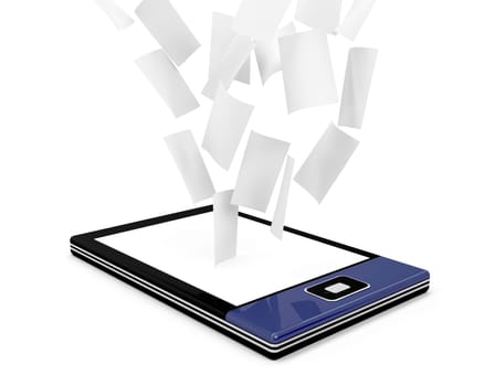 E-book reader with many documents (papers) on white background