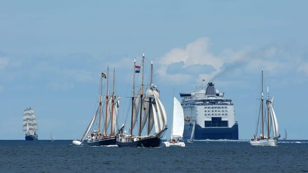 Encounter with traditional sailing ships out on the Kiel Fjord