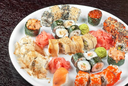 view of closeup japanese sushi set at plate