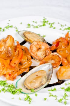 Shrimps mussels and squid tasty seafood dish