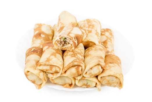 a pancakes with meat and rice on a white