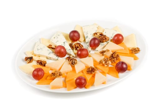 different cheese with grapes isolated on a white