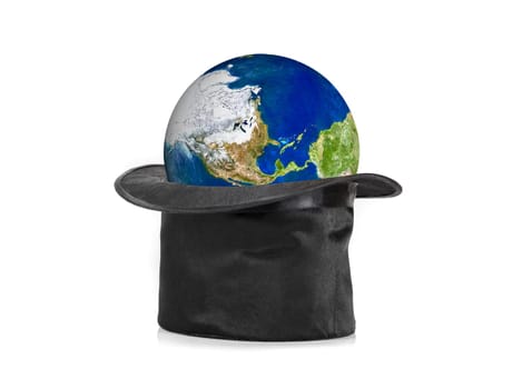 Black hat and earth planet isolated on a white background