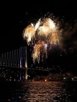 Istanbul night sky lit up with fireworks over Bosphorus River and Bogozici Kpr Bridge. Portrait, copy spac and crop space
