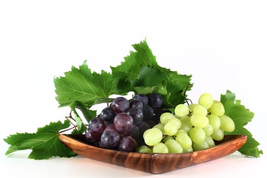 Fresh grapes and leaves against white background