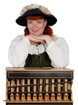 A woman barrel organ player isolated on white