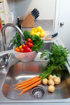 Fresh vegetables, herbs, and fruit being prepared in the kitchen