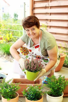 Elderly woman replanting flowers for better growth