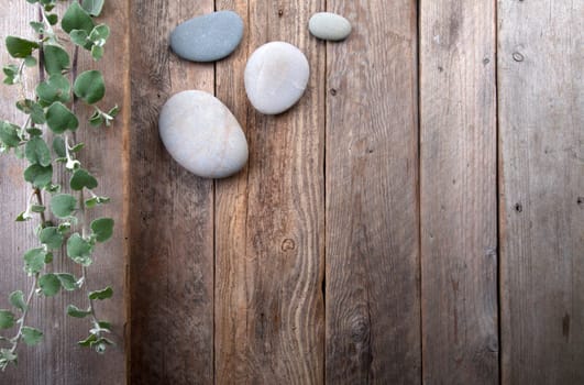 Leaves and stones over wooden background. With copy space