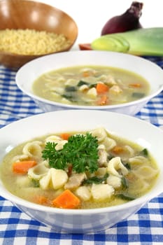 a bowl of chicken soup with fresh vegetables