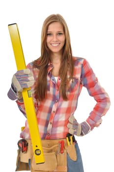 Woman with yellow water balance and tool is in Pose