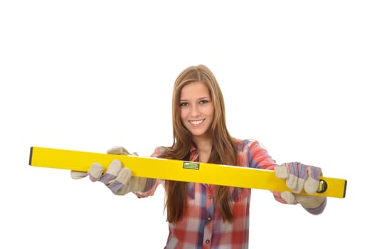 Attractive young trainees with work gloves shows her bubble level