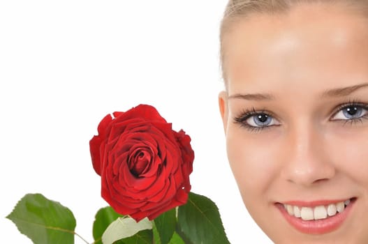 Pretty face with blue eyes and a red rose